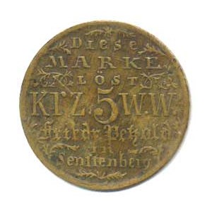 Rakousko, Nouzová platidla, Senftenberg - F. Petzold, 5 Kreutzer 1840 mosaz 20 mm
