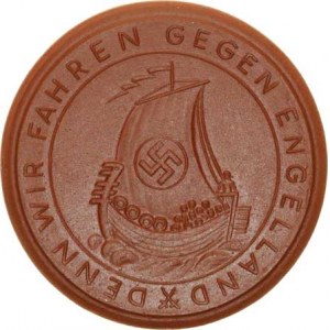 Německo - 3 říše, Porcelánové medaile, Upomínka na 10.5. 1940, Sedící orel a opis / Vikingská plach