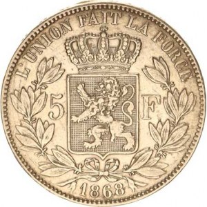 Belgie, Leopold II.(1865-1909), 5 Francs 1868 KM 24, tém.
