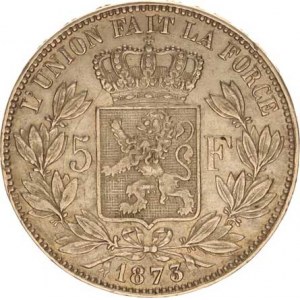 Belgie, Leopold II.(1865-1909), 5 Francs 1873 KM 24, tém.