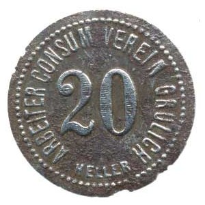 Československo - nouzovky, známky, Grulich (Králíky) - 20 Heller b.l., Arbeiter Consum Verein