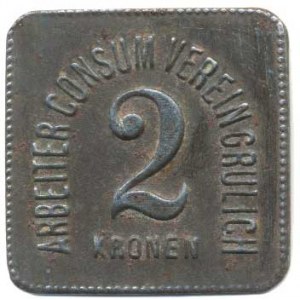 Československo - nouzovky, známky, Grulich (Králíky) - 2 Kronen b.l., Arbeiter Consum Verein