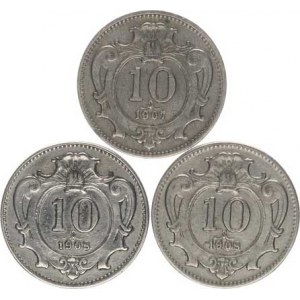 František Josef I.(1848-1918), 10 hal. 1907, 1908(2x) vše b.zn. 3 ks