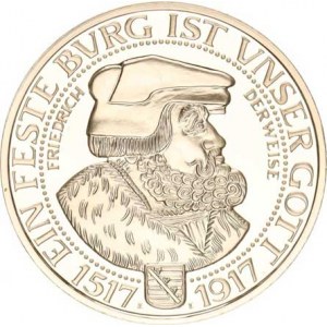 Sasko, Friedrich August III. (1904-1918), 3 Mark 1917 E - Friedrich der Weise, výr. reformace KM 12