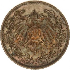 Německo, drobné ražby císařství, 1/2 Mark 1905 D, patina