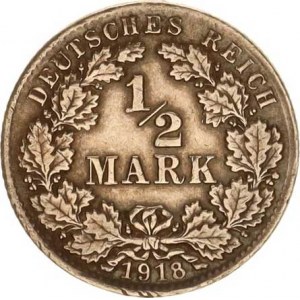 Německo, drobné ražby císařství, 1/2 Mark 1918 D, tém.