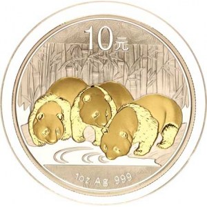 Čínská lidová republika, 10 Yuan 2013 - Tři pandy / Pagoda Ag/Au (Pandy zlacené 24 ka