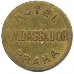 Československo - nouzovky, známky, Praha - Hotel Ambassador, text / motiv mosaz 25 mm
