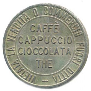 Itálie - nouzovky, Crema Caffe Espresso, žeton do fy automatu na kávu a jiné nápoj