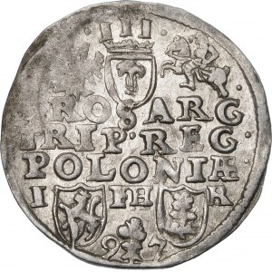Zygmunt III Waza, Trojak 1597, Poznań – gałązka dzieli datę, trzy wiersze