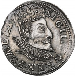 Zygmunt III Waza, Trojak 1597, Poznań – gałązka dzieli datę, trzy wiersze – odmiana