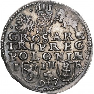 Sigismund III. Vasa, Trojak 1597, Poznań - ein Zweig teilt das Datum, drei Zeilen - Variation