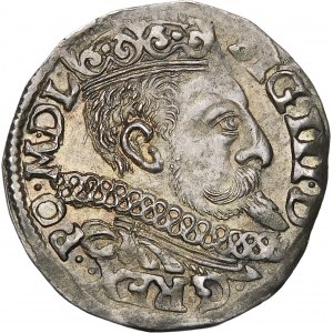 Zygmunt III Waza, Trojak 1597, Poznań – kwiat dzieli datę, dwa wiersze