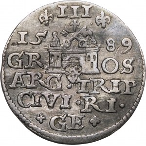 Zygmunt III Waza, Trojak 1589, Ryga – GE pomiędzy krzyżykami