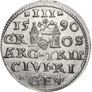 Sigismund III. Vasa, Trojak 1590, Riga - kleine Büste - Kreuze - schön