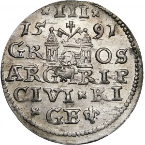 Sigismund III Vasa, Trojak 1591, Riga - Rosette, Apfel - LIV - selten und schön