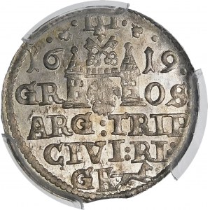 Zygmunt III Waza, Trojak 1619, Ryga – kryza wąska, rurkowata – rzadki i piękny