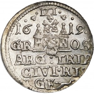 Zygmunt III Waza, Trojak 1619, Ryga – kryza wąska, rurkowata, POL – piękny
