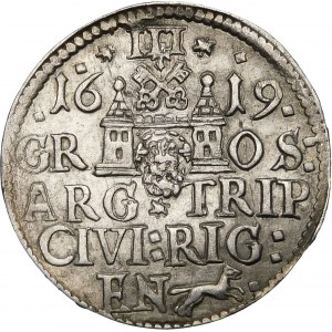 Sigismund III Vasa, Trojak 1619, Riga - schmale, röhrenförmige Öffnung - Ornamente