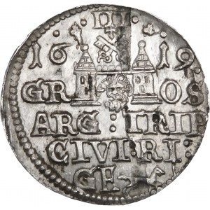 Zygmunt III Waza, Trojak 1619, Ryga – kryza wąska, rurkowata – rzadki