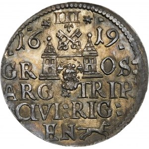 Sigismund III Vasa, Trojak 1619, Riga - schmale, röhrenförmige Öffnung - Ornamente