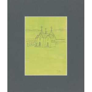 Nowosielski Jerzy (1923 - 2011), Cerkiew murowana na zielonym tle / na odwrocie szkic wsi z drewnianą cerkwią zrębową