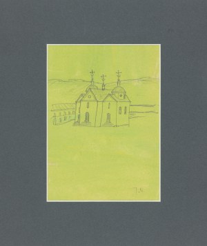 Nowosielski Jerzy (1923 - 2011), Cerkiew murowana na zielonym tle / na odwrocie szkic wsi z drewnianą cerkwią zrębową