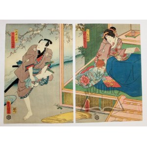 TOYOKUNI III Utagawa (1786 - 1865), Kobieta i mężczyzna. Scena z Teatru Kabuki.