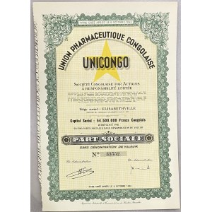 Belgian Congo Elisabethville Share 1000 Francs 1945 Union Pharmaceutique Congolaise UNICONGO