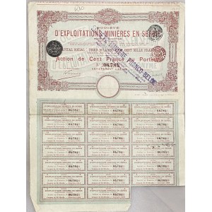 Belgium Brussels Share 100 Francs 1906 D'Exploitations Minieres en Serbie