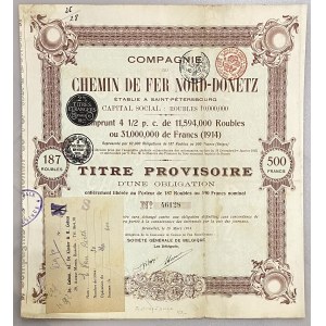 Belgium Brussels 4-1/2% Obligation of 500 Francs 1914 Chemin de Fer Nord-Donetz