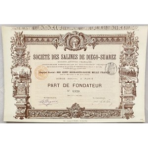 France Paris Founder's Share 500 Francs 1895 Société des Salines de Diègo-Suarez