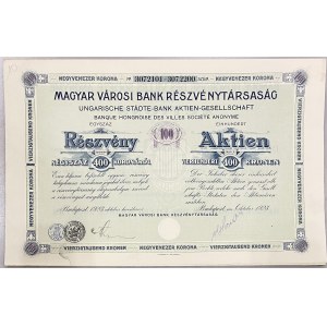 Hungary Budapest Share 400 Kronen 1923 Ungarische Städte-Bank