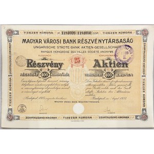Hungary Budapest Share 400 Kronen 1923 Ungarische Städte-Bank