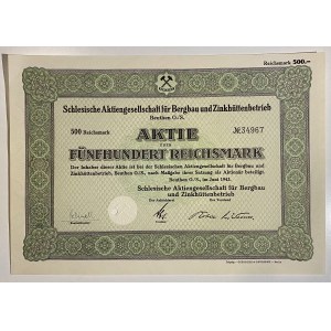 Poland Beuthen O./S. Silesian Mining and Zinc Smelting Company Share 500 Reichsmarks 1943