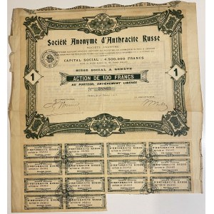 Russia Geneva Russian Anthracite Mining Company Share 100 Francs 1913