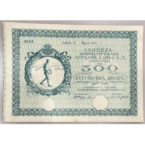 Yugoslavia Belgrade Preference Share 500 Dinara 1931 Agrarian Bank of Belgrade