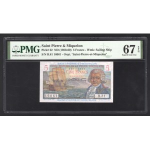 Saint Pierre and Miquelon 5 Francs 1950 -1960 PMG 67 EPQ