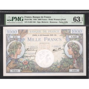 France 1000 Francs 1940 PMG 63