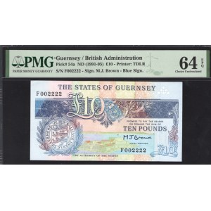 Guernsey 10 Pounds 1991 - 1995 Fancy Number Rare PMG 64
