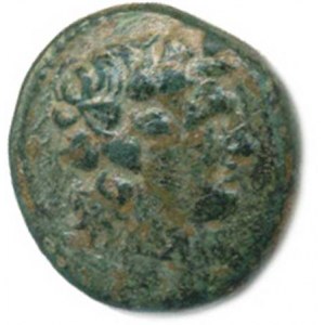 Makedonie, Mende (424-358 př. Kr.), AE 19, hlava mladého Dionýza / amfora, podobný jako Sear 1415