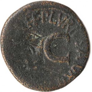 Augustus (27 př.Kr.-14 po Kr.), As, s kontramarkou AVG (za Tiberia) A: Hlava Augusta zprava CAESA