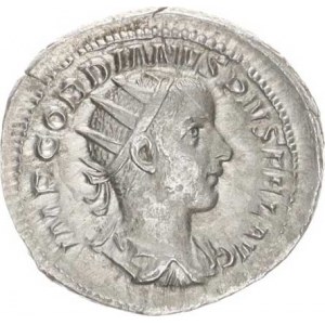 Gordianus III. (238-244), Antoninián, sedící Apollo zleva, drží olivovou ratolest a opírá s