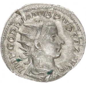 Gordianus III. (238-244), Antoninián, sedící Apollo zleva, drží olivovou ratolest a opírá s