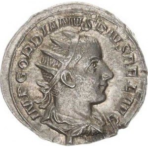 Gordianus III. (238-244), Antoninián, sedící Apollo zleva, drží olivovou ratolest a loktem