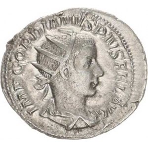 Gordianus III. (238-244), Antoninián, kráč. císař zprava ve vojenském oděvu nese oštěp a gl