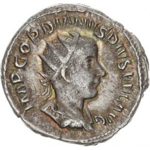 Gordianus III. (238-244), Antoninián, sedící Roma zleva drží sošku Viktorie, vedle sebe má