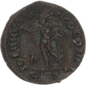 Constantinus I. (306-337), Follis AE 19, stoj. Sol s pozvednutou rukou, v levé drží globus