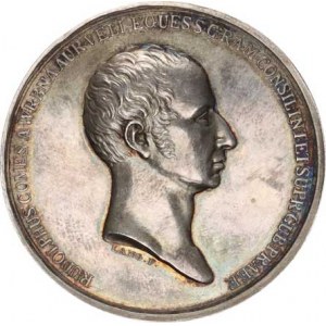 Rudolf z Vrbna (1761-1823), Úmrtní medaile 1823, hlava zprava, opis / Monument s rodovým znak
