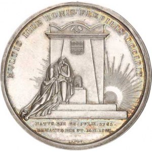 Rudolf z Vrbna (1761-1823), Úmrtní medaile 1823, hlava zprava, opis / Monument s rodovým znak